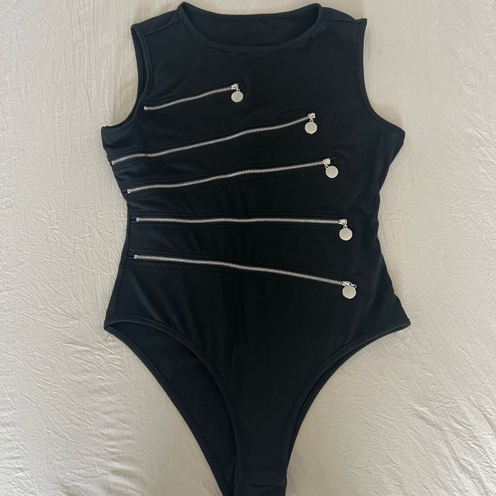 SHEIN Black Bodysuit with Silver Zipper Details